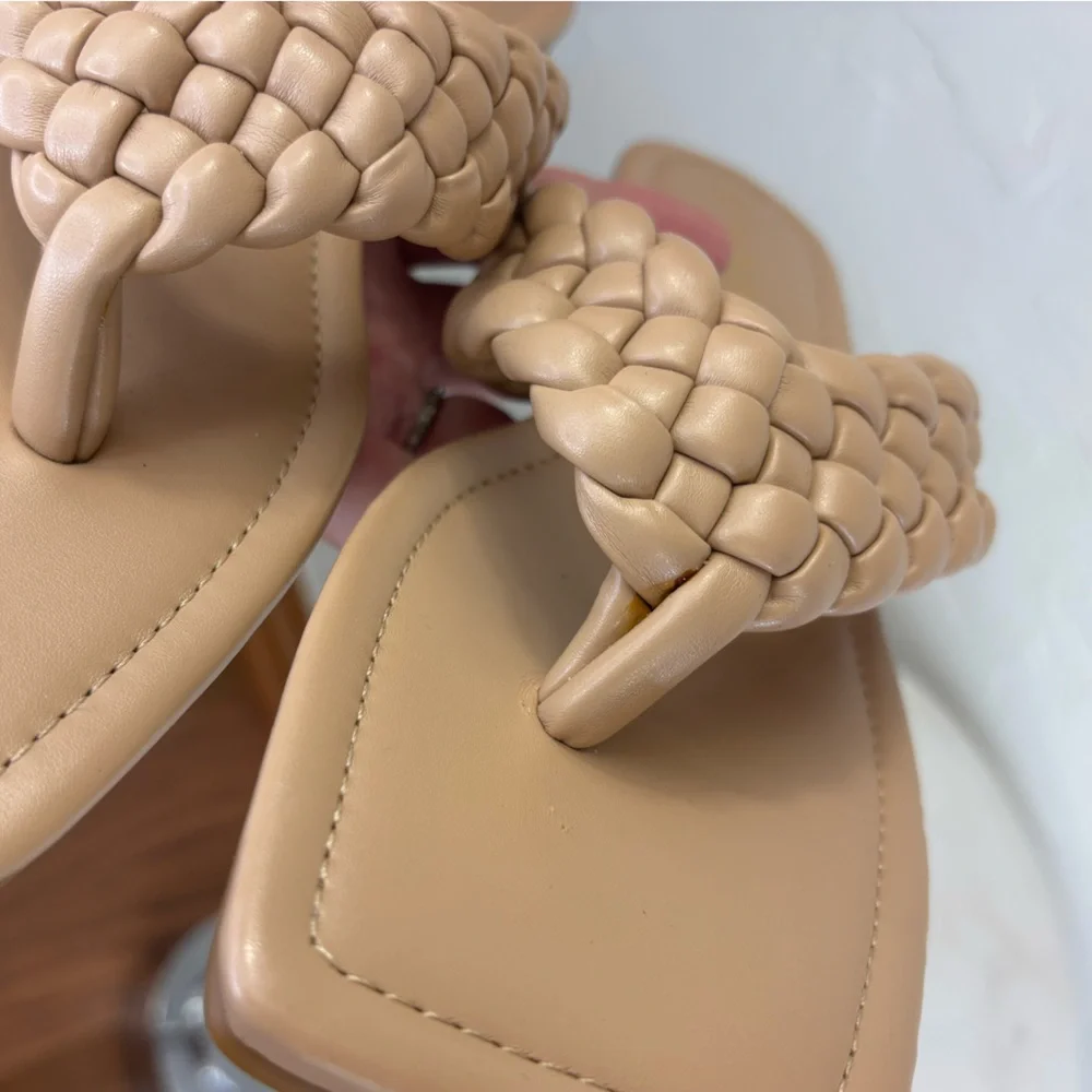 NEW Y2K Women's Braided Thong Sandal Shoe Neutral Square Toe Slip On‎ Tan 8.5